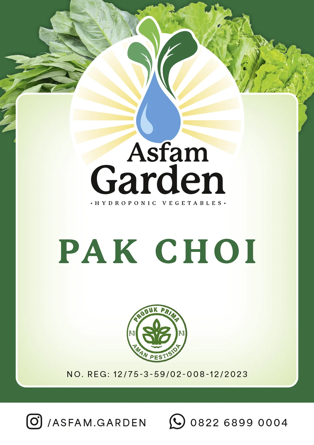 Etikettendesign für Hydrokultur-Gemüse von Asfam Garden, Sorte Pak Choi, Teil des Corporate Designs