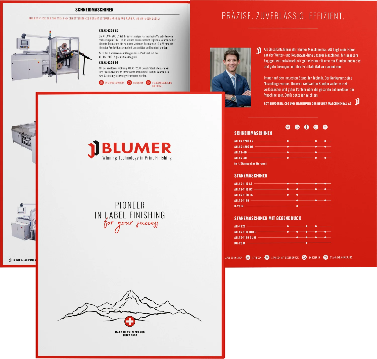 Produktbroschüre und Kommunikationsdesign für industrielle Schneid- und Stanzmaschinen der Blumer Maschinenbau AG.