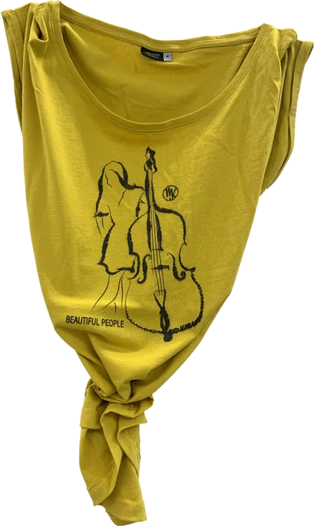 Band-Merch Shirt des Duos „Das Mädchen mit dem Kontrabass“ mit illustrativem Kontrabass-Motiv und Schriftzug „Beautiful People“.