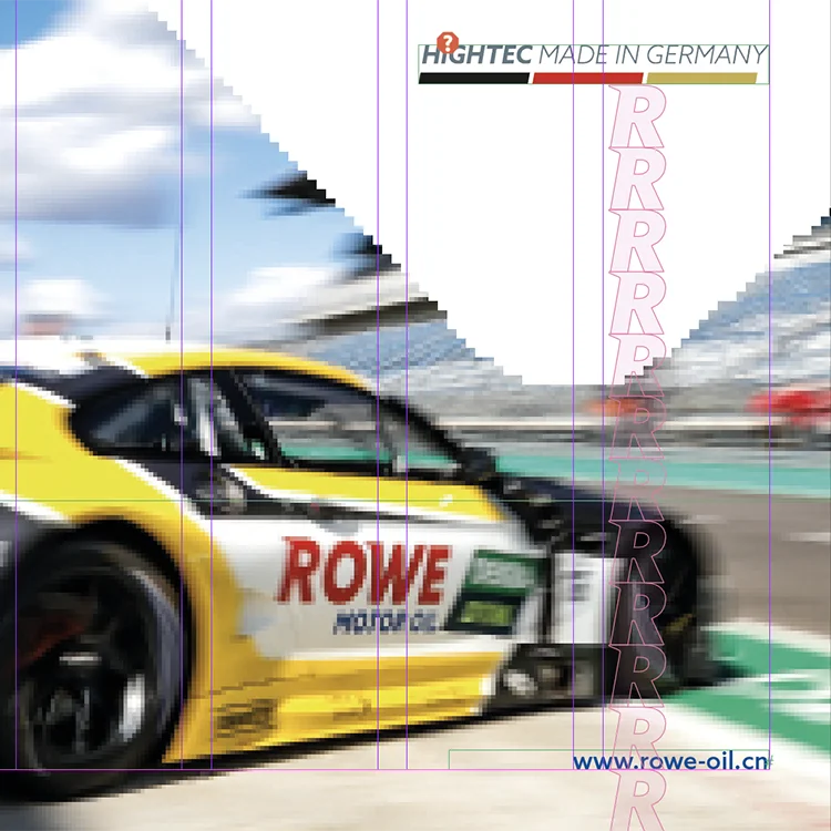 Editorial Layoutstruktur für ROWE Motor Oil mit Motorsportmotiv, Markenpattern und sichtbarem Gestaltungsraster