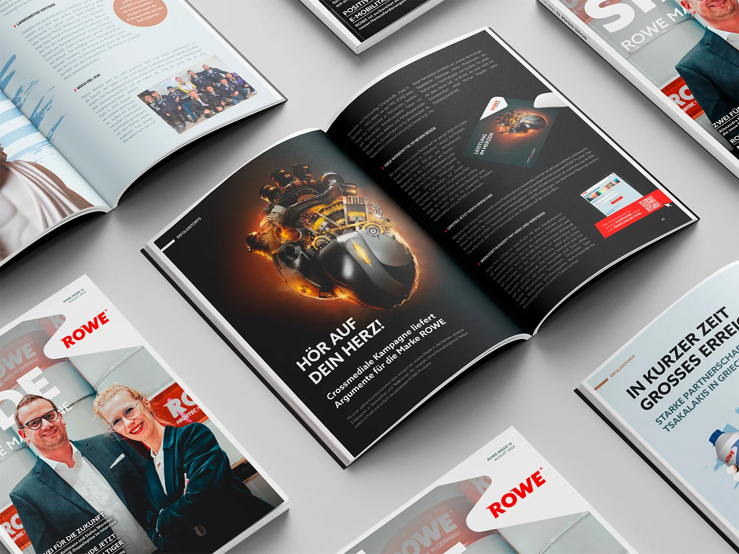 Magazinlayout für ROWE Motor Oil mit Automotive-Motorvisualisierung im Editorial-Design