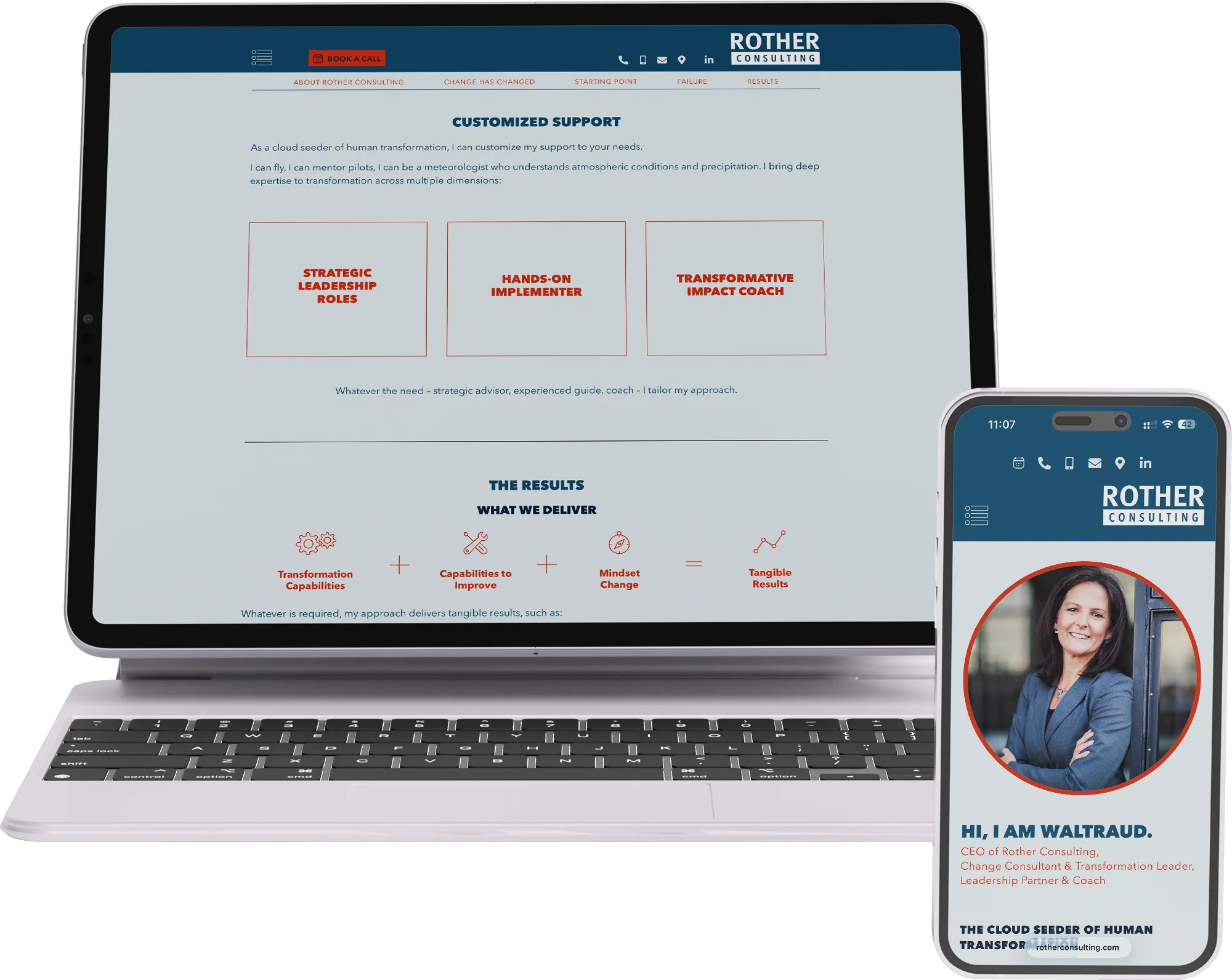 Responsive Webdesign für Rother Consulting auf Laptop und Smartphone, Website für Transformation und Leadership Consulting